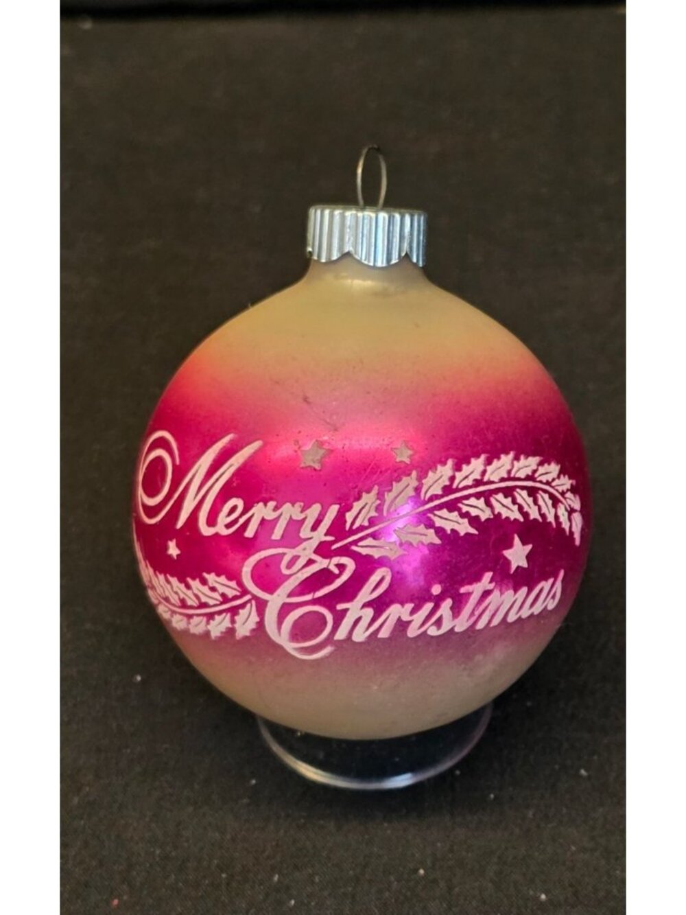 Vintage MCM Shiny Brite Pink Merry Christmas Stenciled Christmas Ornament USA